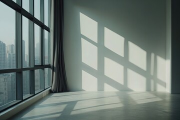 Obraz premium Empty Room with Large Window, City View, Sunlight Shadows, Gray Curtains and Minimalist Wall