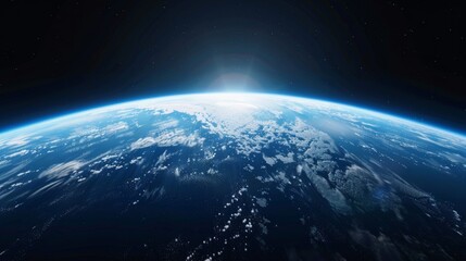 Fototapeta premium The curve of the earth seen from high above, the atmosphere a thin blue line against the blackness of space. Continents and oceans are visible far below, with clouds drifting across the surface. The i