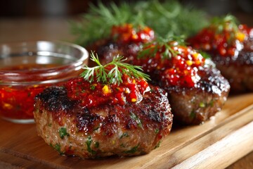 Delicious grilled patties topped with spicy sauce served on a wooden board in a warm kitchen setting