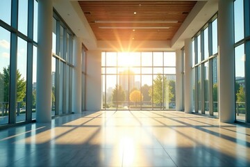 Sunlit modern building interior, showcasing large windows, aesthetic, white