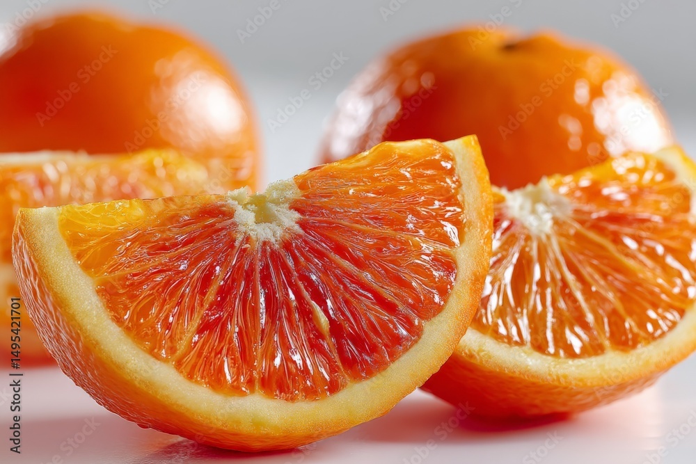 Poster freshly sliced oranges displayed attractively on a white surface highlighting their vibrant color an