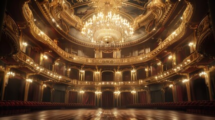 Obraz premium The interior of a grand opera house, with opulent decorations and a magnificent chandelier hanging from the ceiling. The stage is set for a performance, and the seats are empty and waiting. The scene 