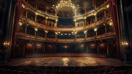 Obraz premium The interior of a grand opera house, with opulent decorations and a magnificent chandelier hanging from the ceiling. The stage is set for a performance, and the seats are empty and waiting. The scene 