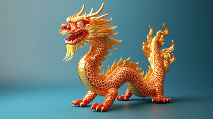 Fototapeta premium National China dragon, red and gold covering, 3d model, solid blue background, photorealistic, octane render, 4k 