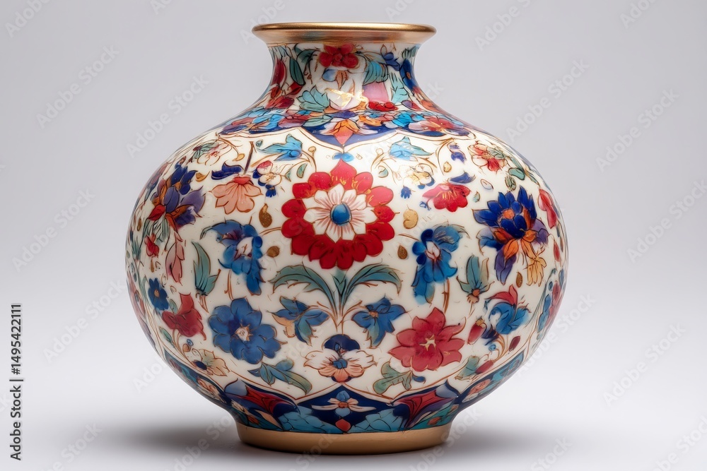 Poster colorful ceramic vase with intricate floral patterns displayed on a plain background