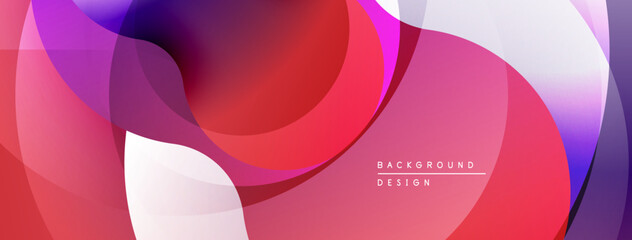 Abstract fluid shapes overlap, creating vibrant gradients. Red, purple, white hues dominate design. Modern aesthetic.