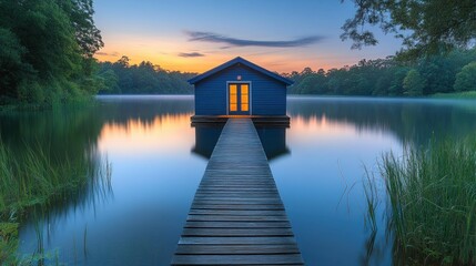 Fototapeta premium Tranquil lake house at sunrise
