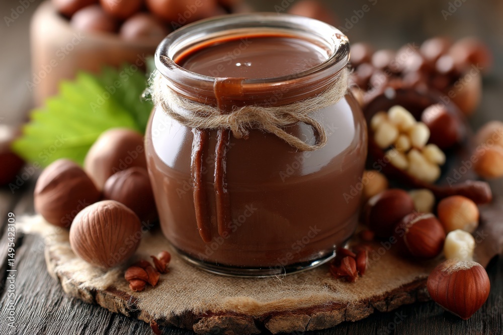 Poster delicious chocolate spread in a jar with hazelnuts on a rustic wooden table during daylight