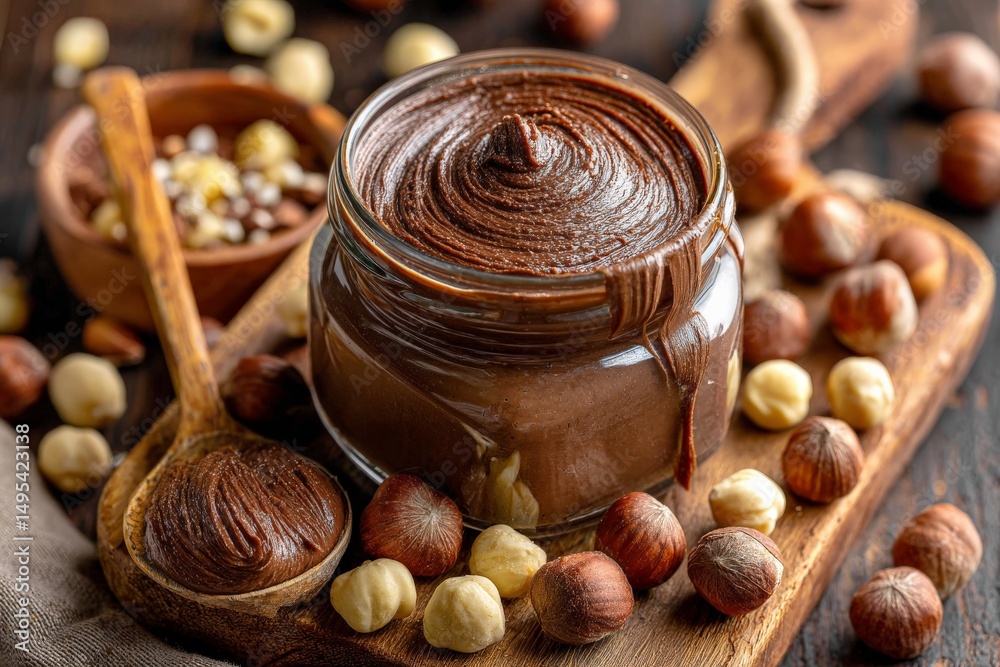 Poster delicious hazelnut chocolate spread in a glass jar with hazelnuts and wooden spoons on a rustic tabl