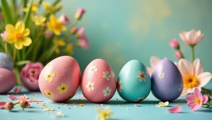 Decorated Easter eggs on a table with spring flowers , festive, bouquet, blossom