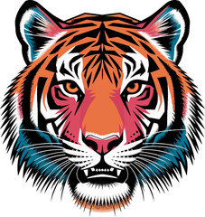 Bold and fierce tiger head illustration with vibrant orange and blue highlights. Suitable for sports logos, wildlife branding, or apparel.