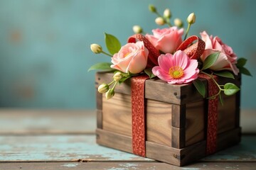 Rustic wood gift box with delicate floral arrangement , arrangement, wood, wooden