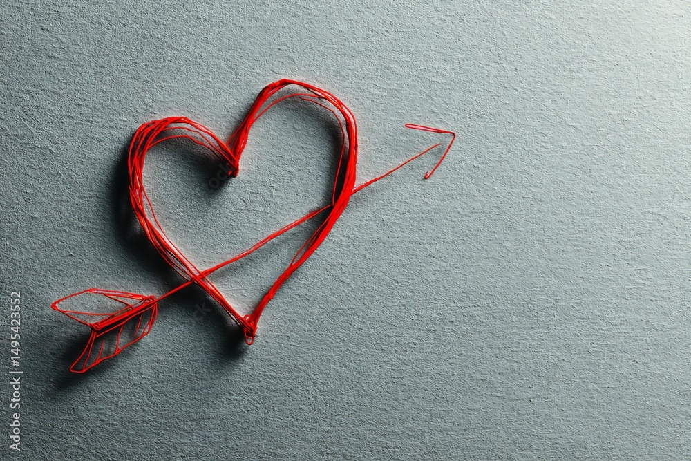 Leinwandbilder Heart made of red thread with an arrow on gray background capturing love and creativity in a simple art form