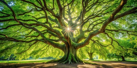 Fototapeta premium Majestic Ancient Tree Basking in Sunlight's Embrace, Lush Green Canopy Providing Shade and Serenity in a Tranquil Meadow