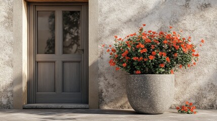Bright orange flowers in a large pot by a rustic door in a serene outdoor setting