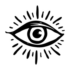 Black and white doodle illustration of third eye symbol with radiating lines isolated on transparent background, ideal for spiritual content, tattoos, or esoteric designs. Vector art
