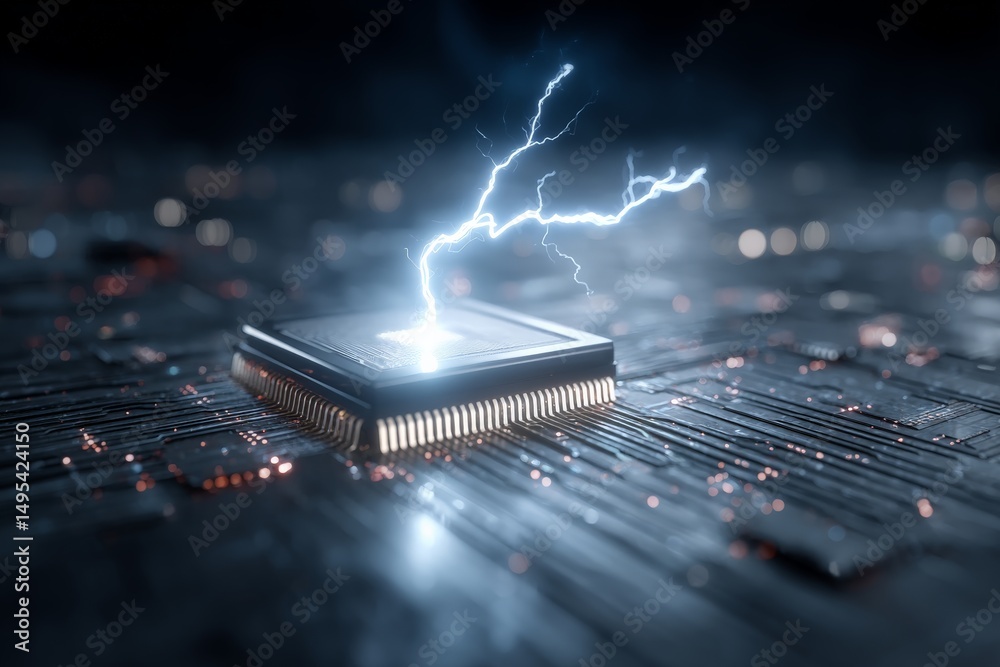 Poster electric discharge energizes microprocessor on circuit board in futuristic technology setting