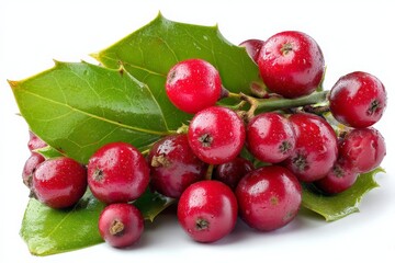 Fresh red berries and green leaves arranged beautifully for decoration or culinary use