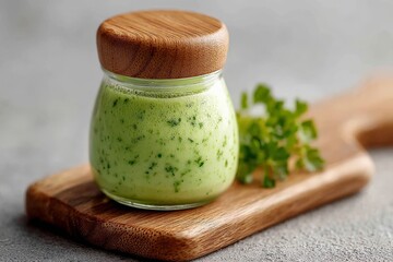 Unique herbal dressing in a glass jar on a wooden board with fresh greens nearby