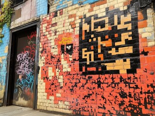 Vibrant street art adorns a weathered wall near a doorway in an urban setting