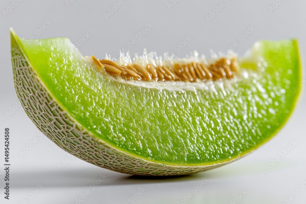 Poster fresh green melon slice showcasing texture and seeds on a light background