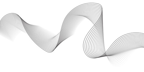 Create a minimalist abstract background featuring a smooth,monochrome wave pattern with fine gradient lines flowing across a white backdrop. The wave should appear elegant and dynamic, evoking a sense