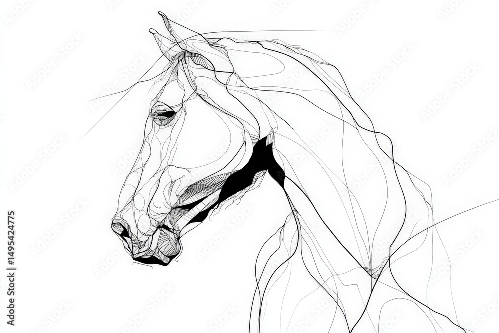Aufkleber Artistic rendering of a horse head showcasing fluid lines and abstract design elements in monochrome colors