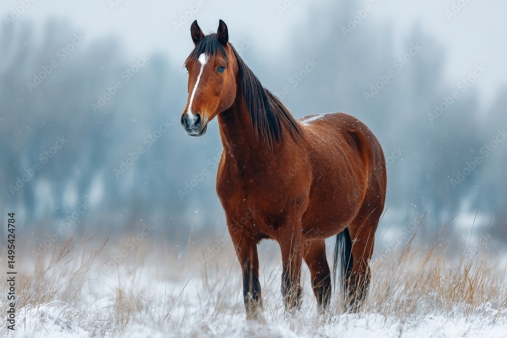 Poster horse standing in a snowy field during winter with blurred trees in the background