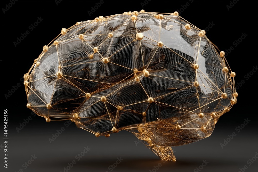 Aufkleber neural network sculpture represents brain connectivity with intricate design and golden accents