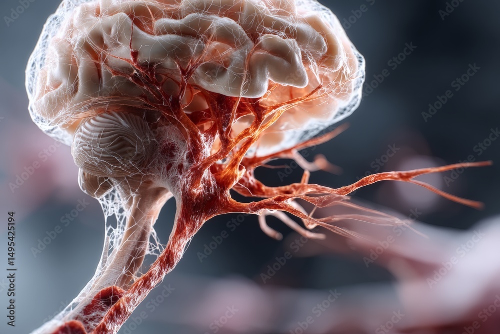 Poster Exploration of the human brain structure with intricate neural pathways and blood vessels highlighted