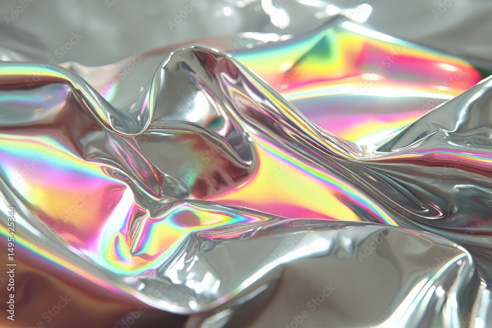 Poster shimmering reflective fabric showcasing vibrant rainbow hues under soft lighting in an artistic sett