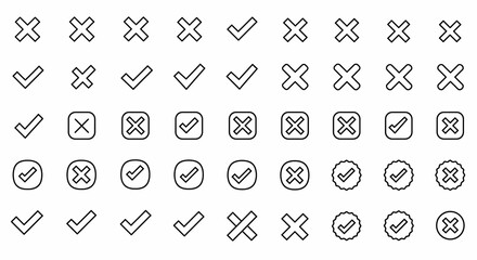 Collection of various check mark and cross mark icons in outline style