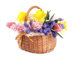 Beautiful colorful flowers in basket isolated on white