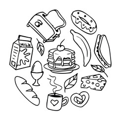 Food ingredient doodle set. Fruits, vegetables, sweets, bakery, fast food in sketch style. Hand drawn vector illustration isolated on white background