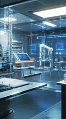 Fototapeta premium Modern lab interior, robotic arm, futuristic tech, research, medical innovation