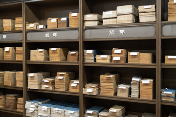 Antique books on wooden shelves in Shanghai Ancient Books Store