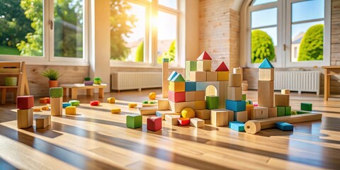 Brightly colored wooden blocks form a whimsical castle in a sunlit playroom, inspiring creativity and imaginative play for young children.