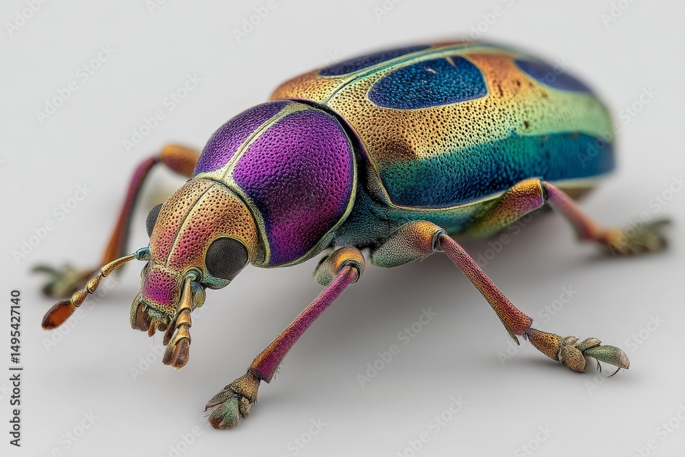 Poster vibrantly colored beetle showcasing intricate patterns and details on a neutral background