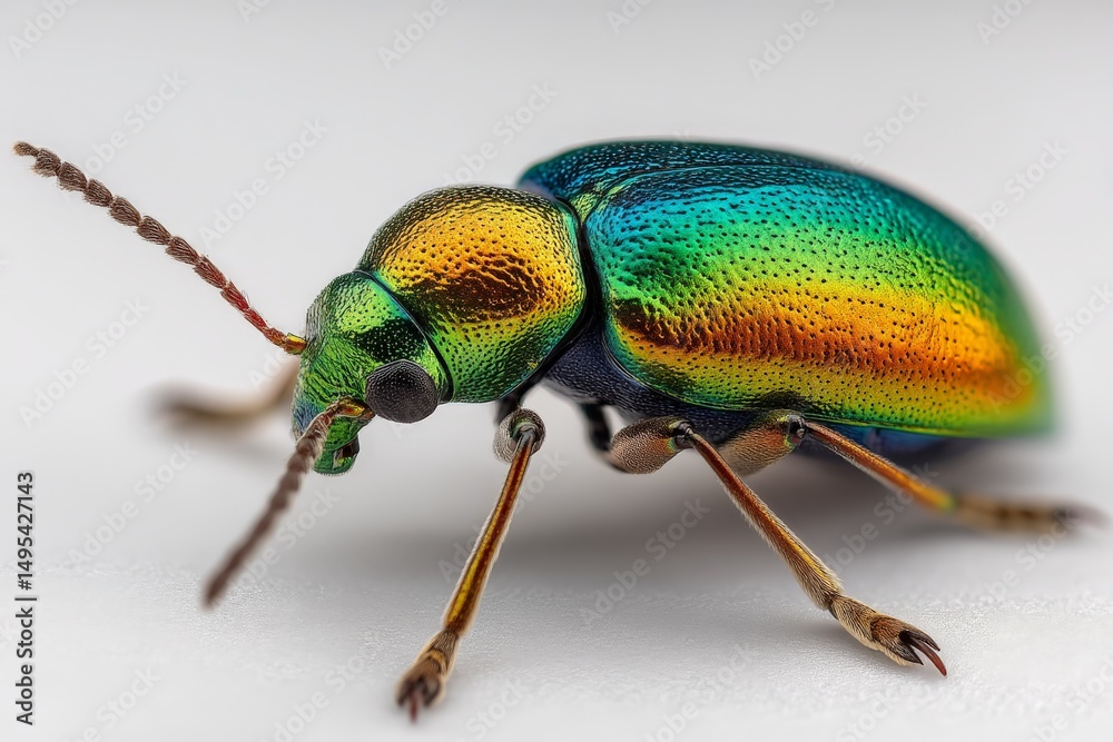 Poster Colorful beetle with iridescent shell crawls on a white surface in a close-up capture