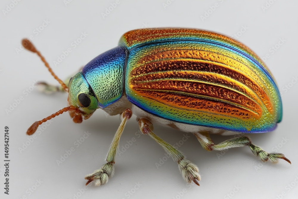 Poster Colorful beetle displaying iridescent patterns on its shell during daylight hours in a natural setting