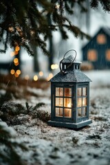 Lantern Decoration in a Snowy Landscape with Soft Glowing Light