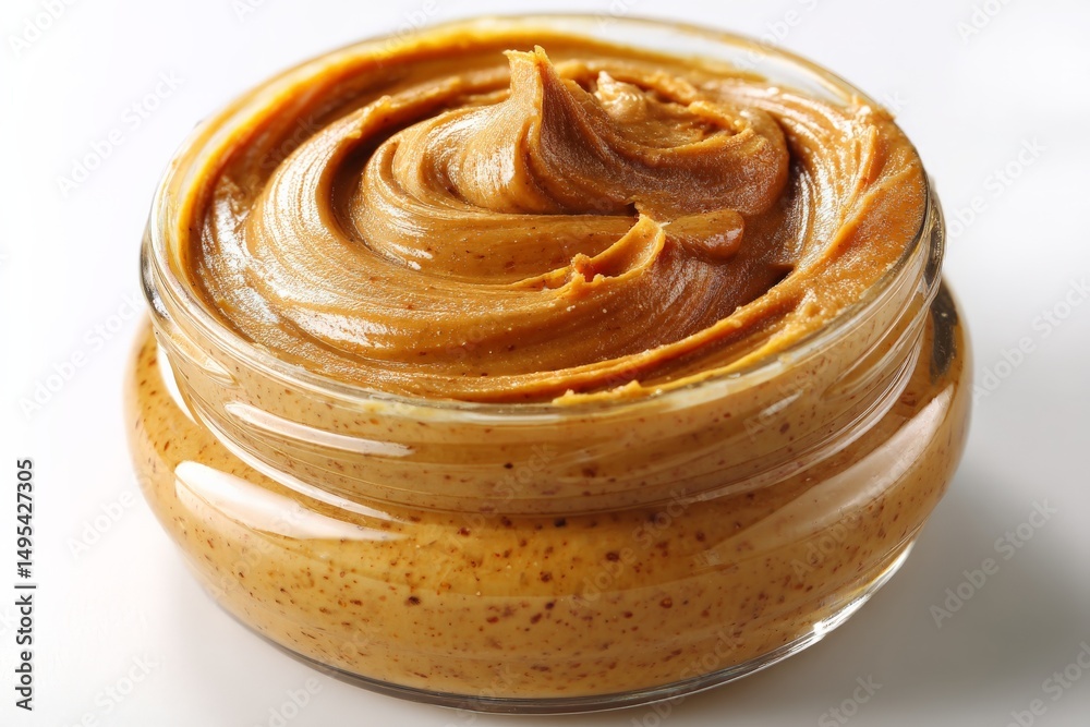 Poster creamy nut butter stored in a glass container with an appealing swirl on top, showcasing its rich te