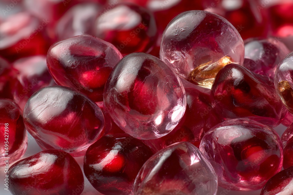 Poster Beautifully glossy red gemstones shining under soft light with intricate details visible in their surfaces