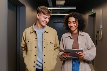 Young caucasian male and african female colleagues discussing work in office corridor