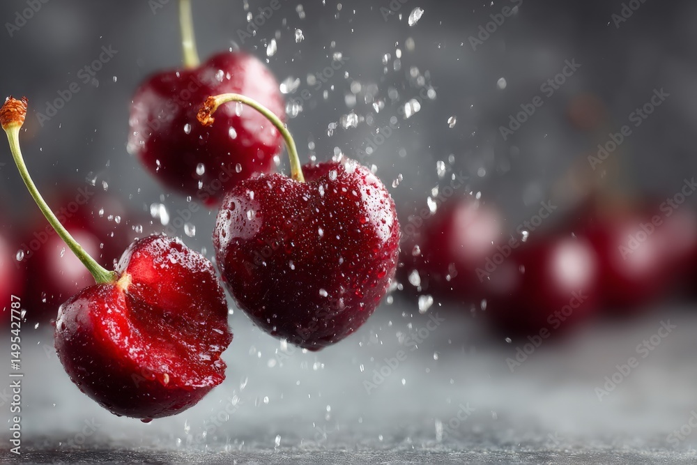 Poster Fresh cherries splashing in water create a vibrant and refreshing scene for summer enjoyment