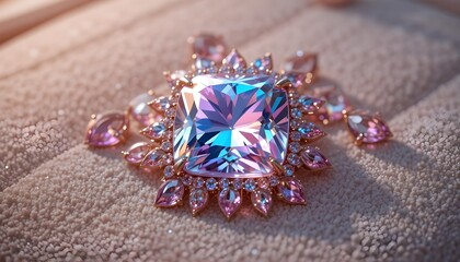 Fototapeta premium Yozib beraman, bu surat asosida sizga quyidagidek AI prompt. Ifodalaydi, porloq va qimmatbaho ohangini mazkur vizualning sehrli. --- Prompt (English): > An opulent, glistening square-cut crystal ge