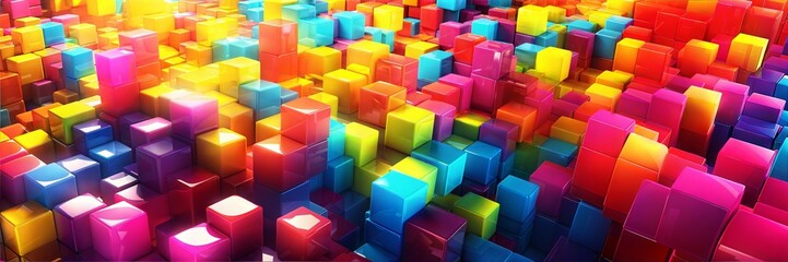 Obraz premium Colorful glowing cubes in abstract 3D space, vibrant neon grid structure on dark background, concept of digital technology and data visualization.