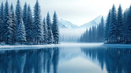 Obraz premium Serene winter landscape reflecting snow covered trees on tranquil water