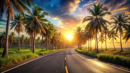 Tropical Sunset Drive A Scenic Asphalt Road Lined with Palm Trees at Golden Hour