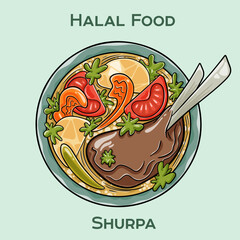 Shurpa is a hearty, halal-certified Central Asian soup featuring tender lamb, chunky vegetables, and aromatic spices simmered to perfection in a rich, clear broth.